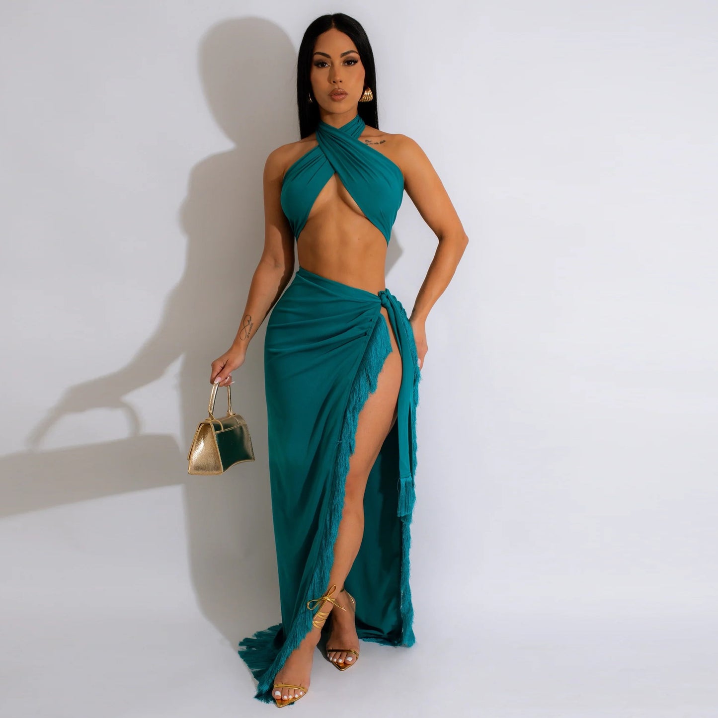 LADIES TWO PIECE BEACHWEAR SKIRT SET TURQUOISE / ORANGE / BLUE (SIZE S - 2XL)