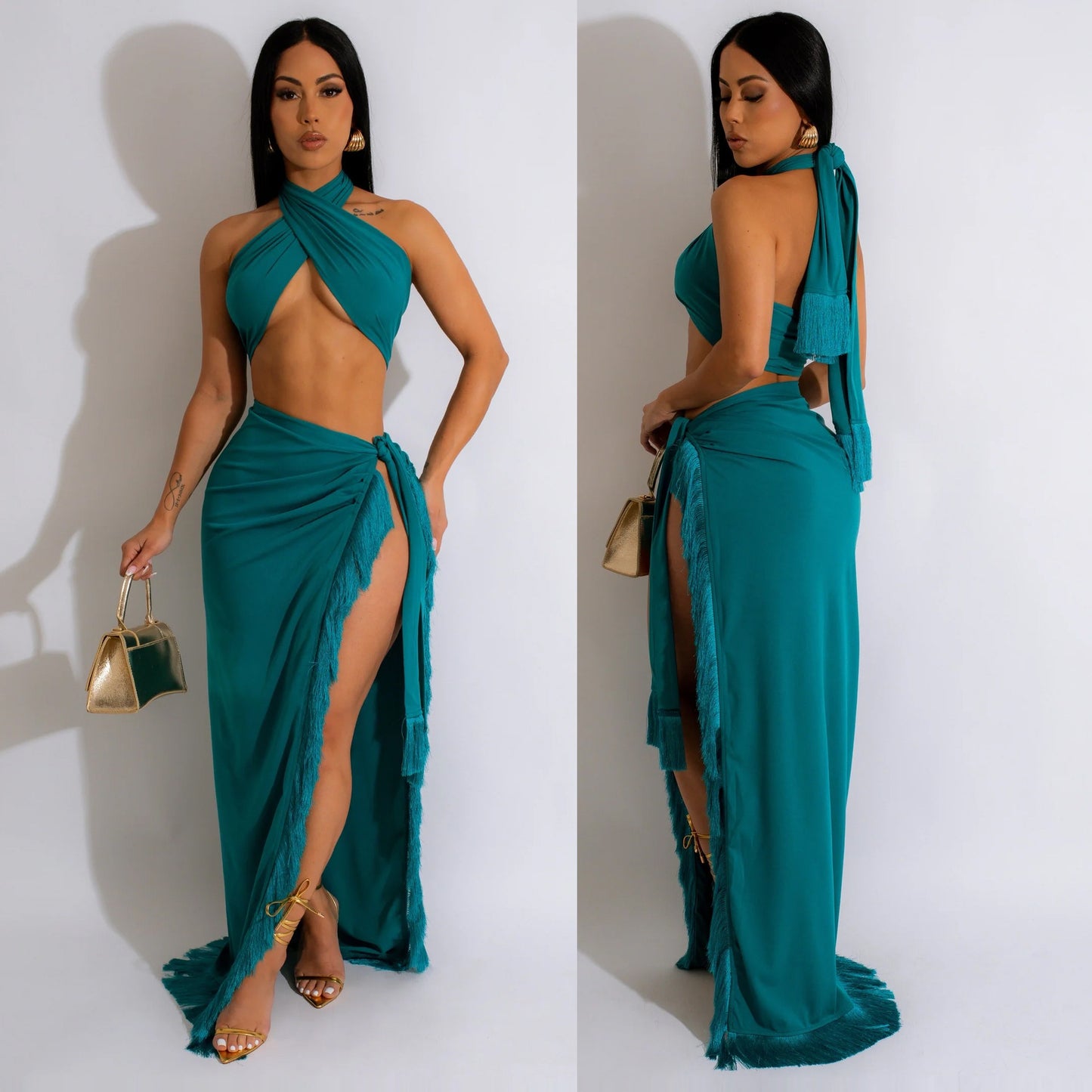 LADIES TWO PIECE BEACHWEAR SKIRT SET TURQUOISE / ORANGE / BLUE (SIZE S - 2XL)