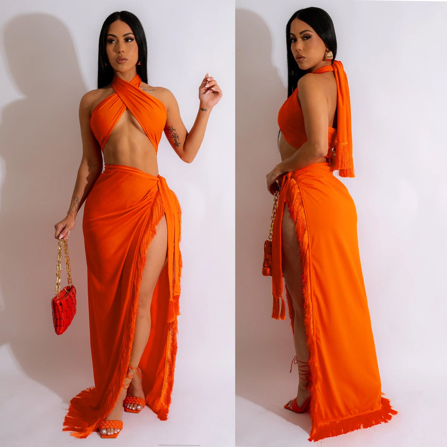 LADIES TWO PIECE BEACHWEAR SKIRT SET TURQUOISE / ORANGE / BLUE (SIZE S - 2XL)