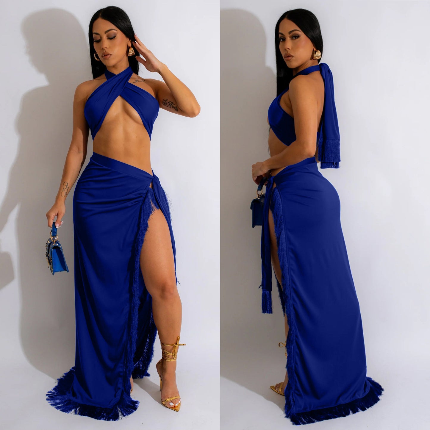 LADIES TWO PIECE BEACHWEAR SKIRT SET TURQUOISE / ORANGE / BLUE (SIZE S - 2XL)