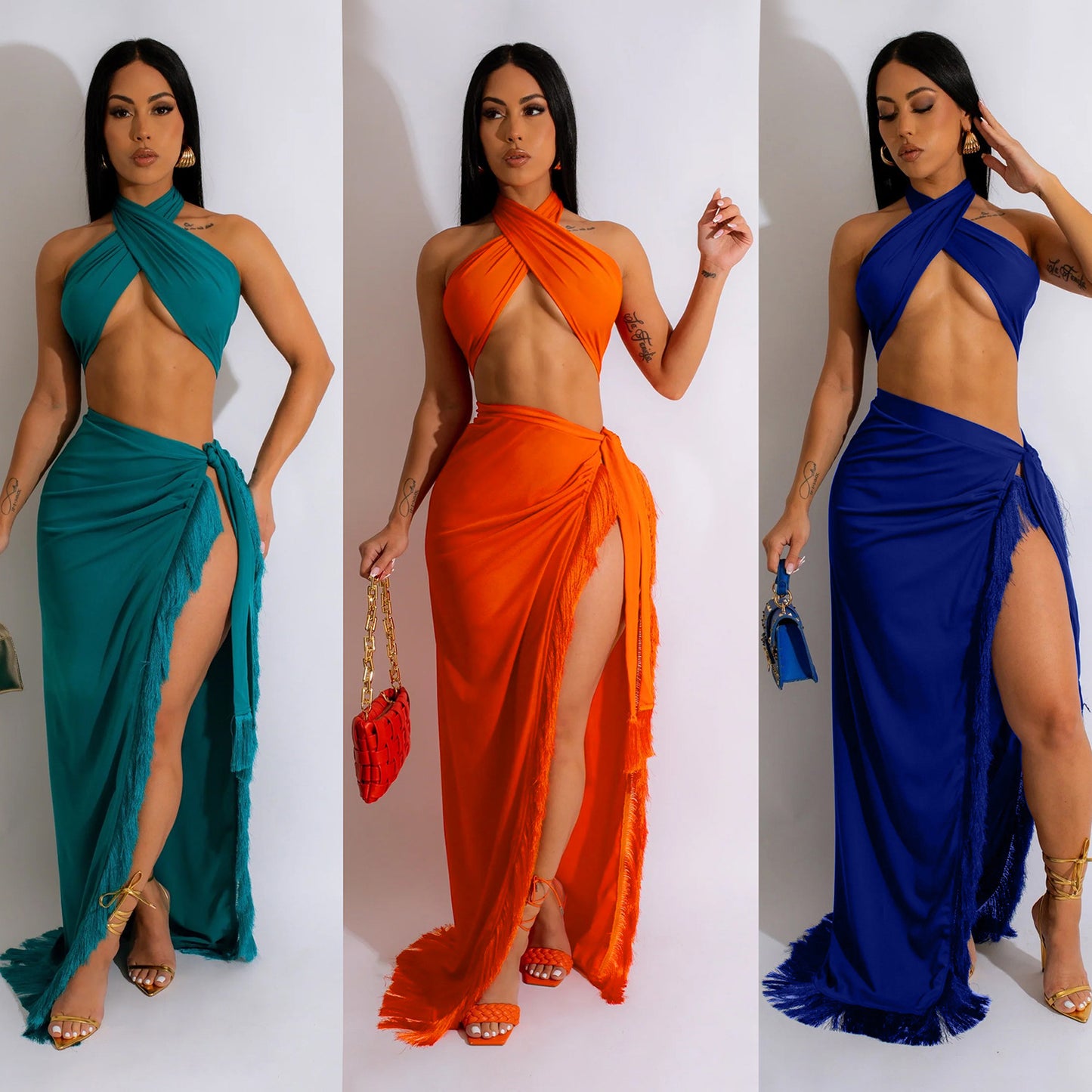 LADIES TWO PIECE BEACHWEAR SKIRT SET TURQUOISE / ORANGE / BLUE (SIZE S - 2XL)