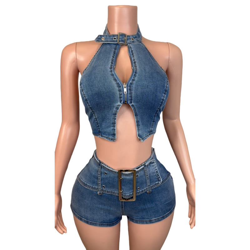 LADIES TWO PIECE DENIM TOP & STRETCHY SHORTS SET BLUE DENIM (SIZE S - 2XL)