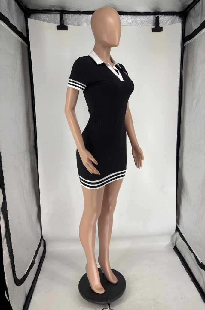 LADIES SHORT SLEEVE MINI DRESS BLACK / BLUE (SIZE S - 2XL)