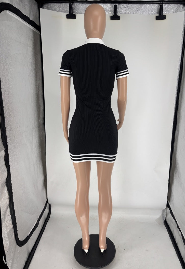 LADIES SHORT SLEEVE MINI DRESS BLACK / BLUE (SIZE S - 2XL)