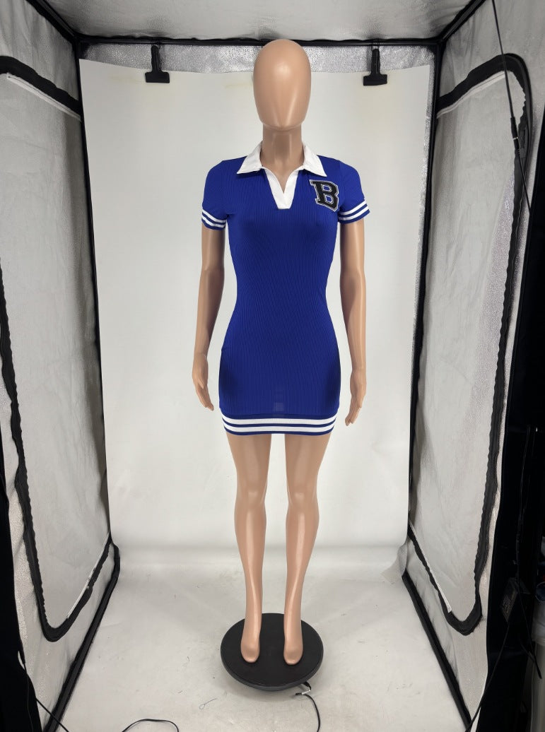 LADIES SHORT SLEEVE MINI DRESS BLACK / BLUE (SIZE S - 2XL)