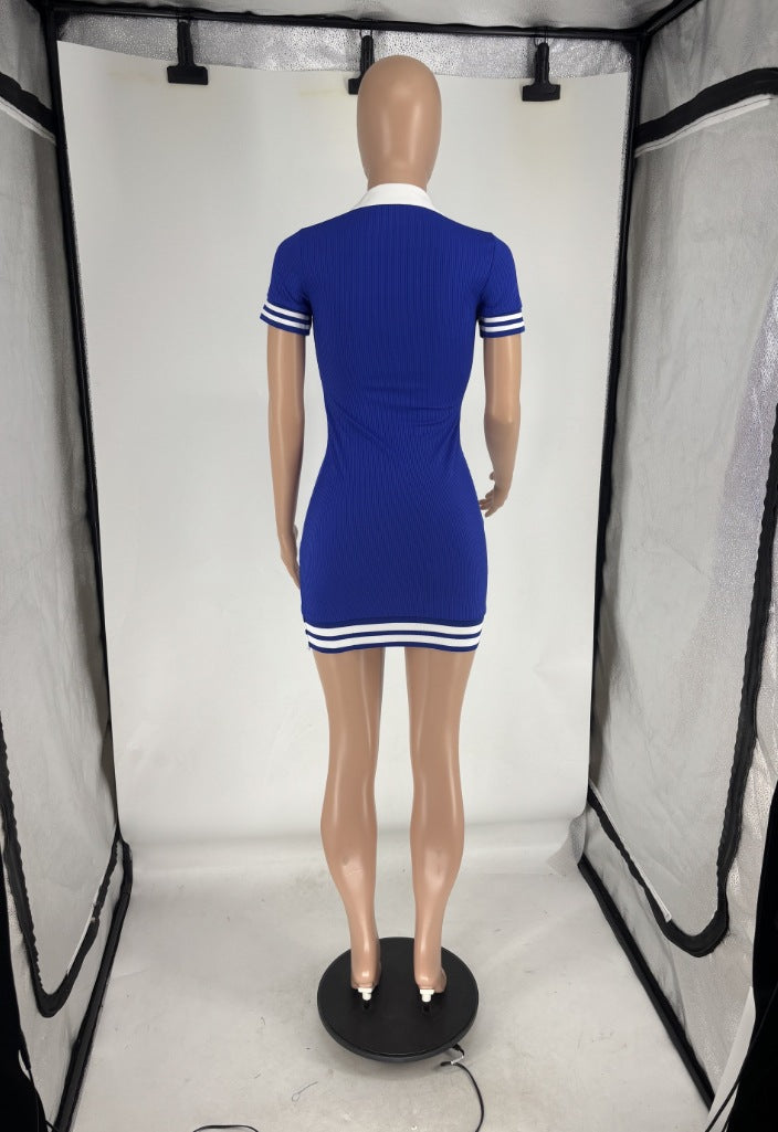 LADIES SHORT SLEEVE MINI DRESS BLACK / BLUE (SIZE S - 2XL)