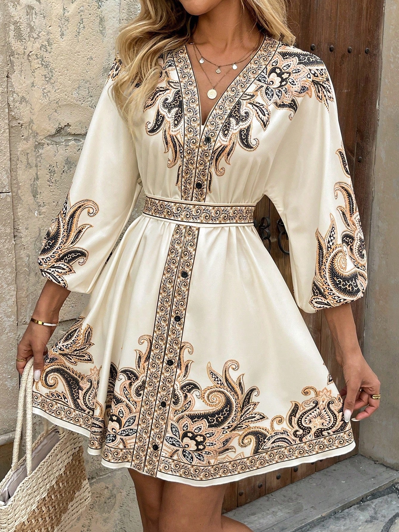 LADIES HALF SLEEVE LACE UP MINI DRESS APRICOT-BEIGE / BLACK / WHITE-BLUE (SIZE S - 2XL)