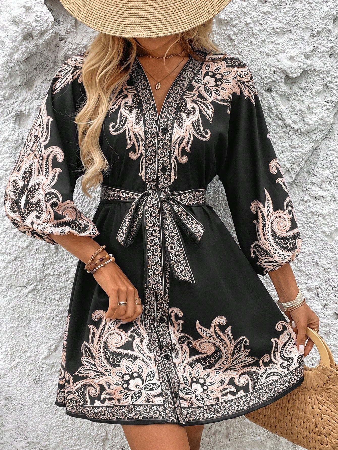 LADIES HALF SLEEVE LACE UP MINI DRESS APRICOT-BEIGE / BLACK / WHITE-BLUE (SIZE S - 2XL)