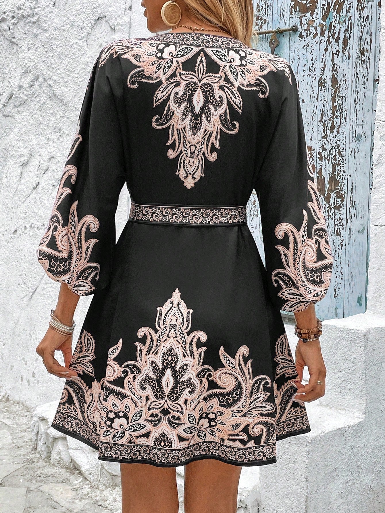 LADIES HALF SLEEVE LACE UP MINI DRESS APRICOT-BEIGE / BLACK / WHITE-BLUE (SIZE S - 2XL)