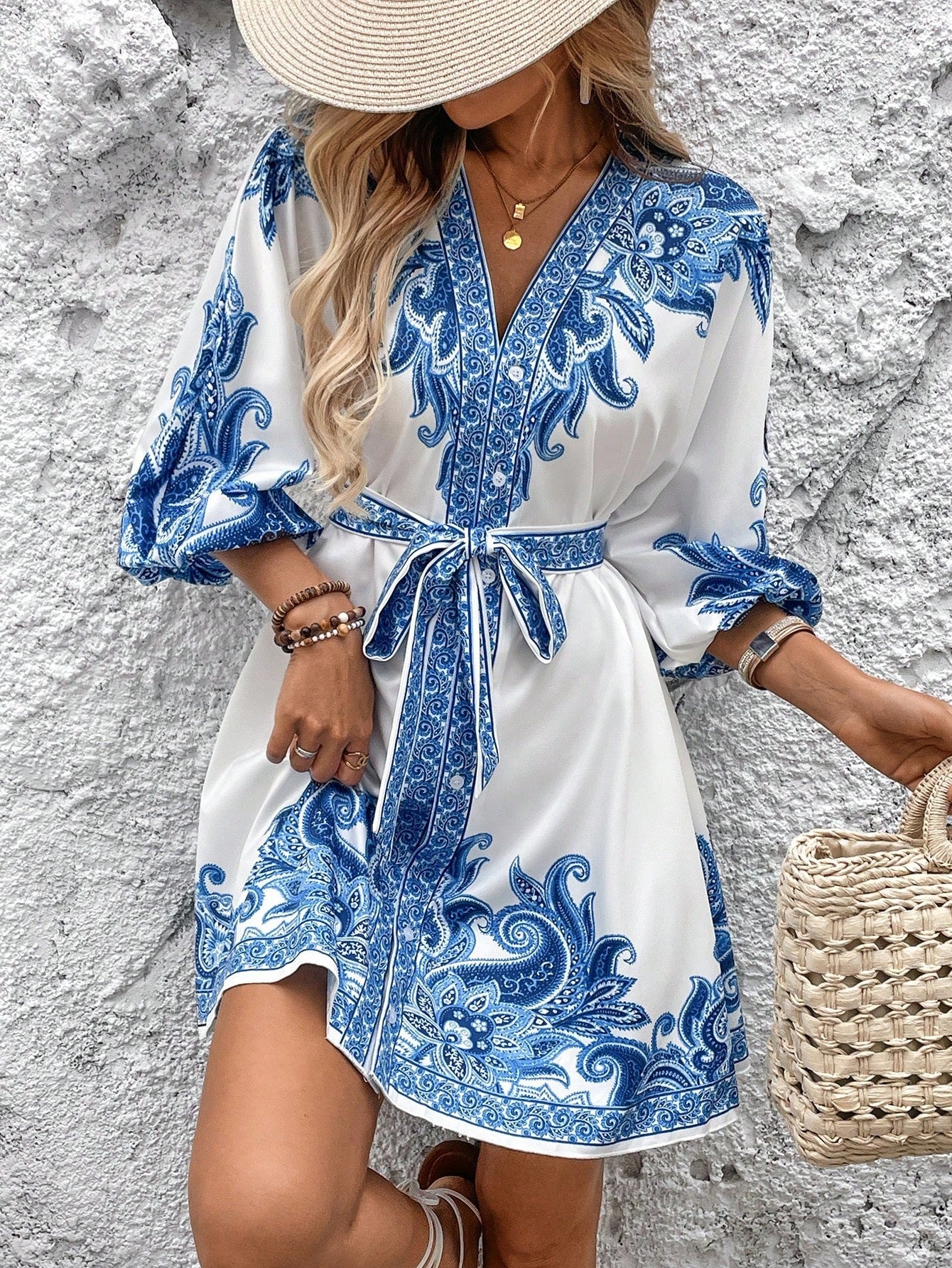 LADIES HALF SLEEVE LACE UP MINI DRESS APRICOT-BEIGE / BLACK / WHITE-BLUE (SIZE S - 2XL)