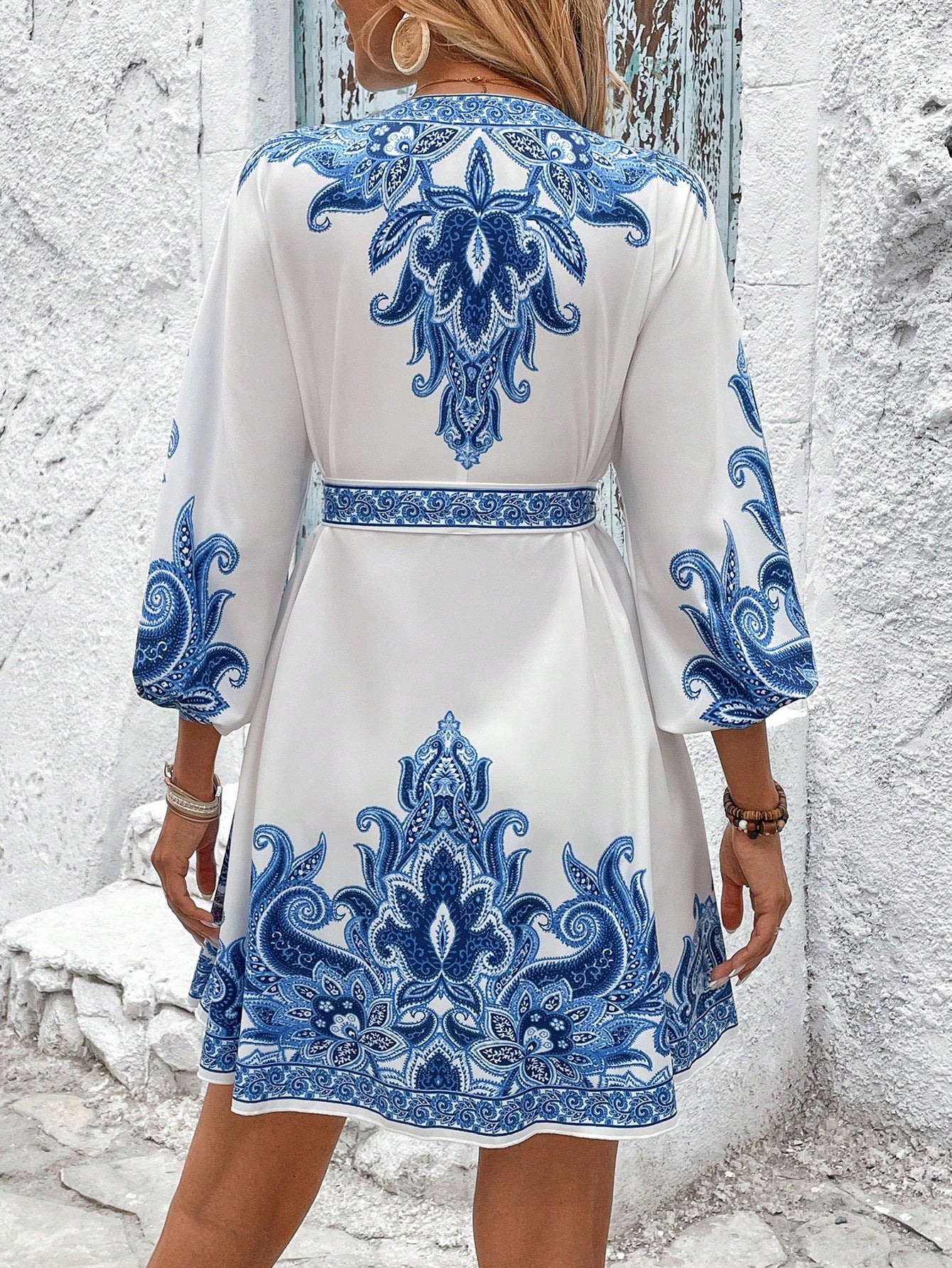 LADIES HALF SLEEVE LACE UP MINI DRESS APRICOT-BEIGE / BLACK / WHITE-BLUE (SIZE S - 2XL)