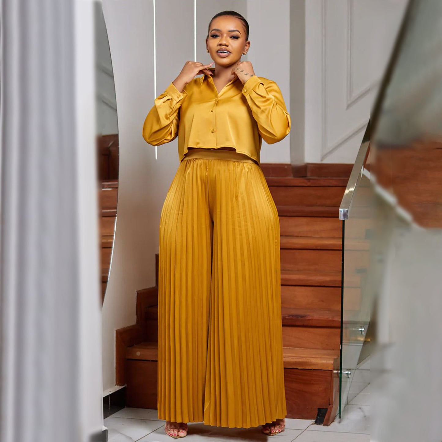 LADIES PLUS SIZE TWO PIECE SHIRT & WIDE LEG PANTS GOLD / DARK PINK / BLACK (SIZE XL - 5XL)