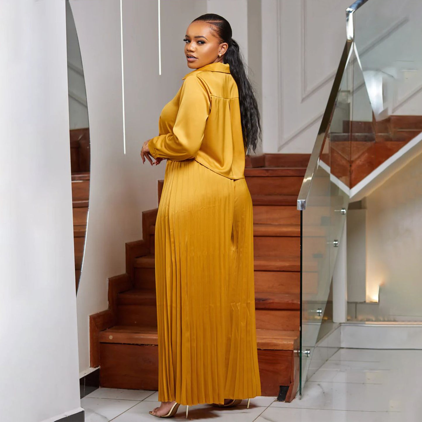 LADIES PLUS SIZE TWO PIECE SHIRT & WIDE LEG PANTS GOLD / DARK PINK / BLACK (SIZE XL - 5XL)