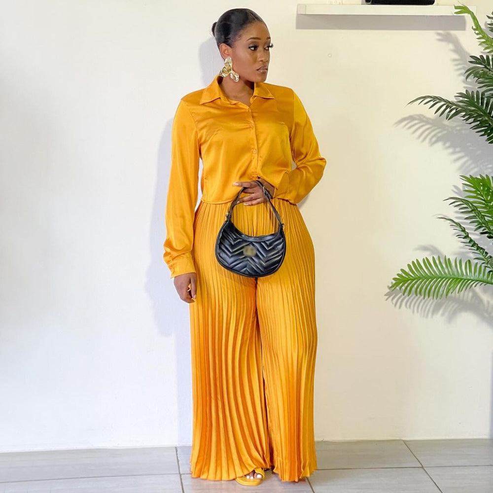 LADIES PLUS SIZE TWO PIECE SHIRT & WIDE LEG PANTS GOLD / DARK PINK / BLACK (SIZE XL - 5XL)