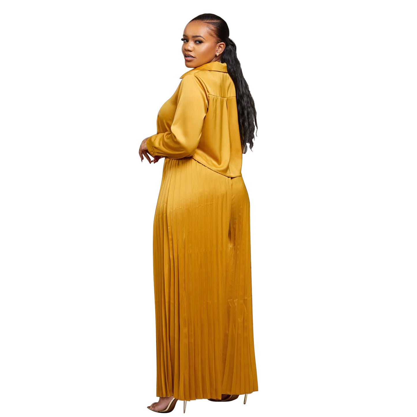 LADIES PLUS SIZE TWO PIECE SHIRT & WIDE LEG PANTS GOLD / DARK PINK / BLACK (SIZE XL - 5XL)