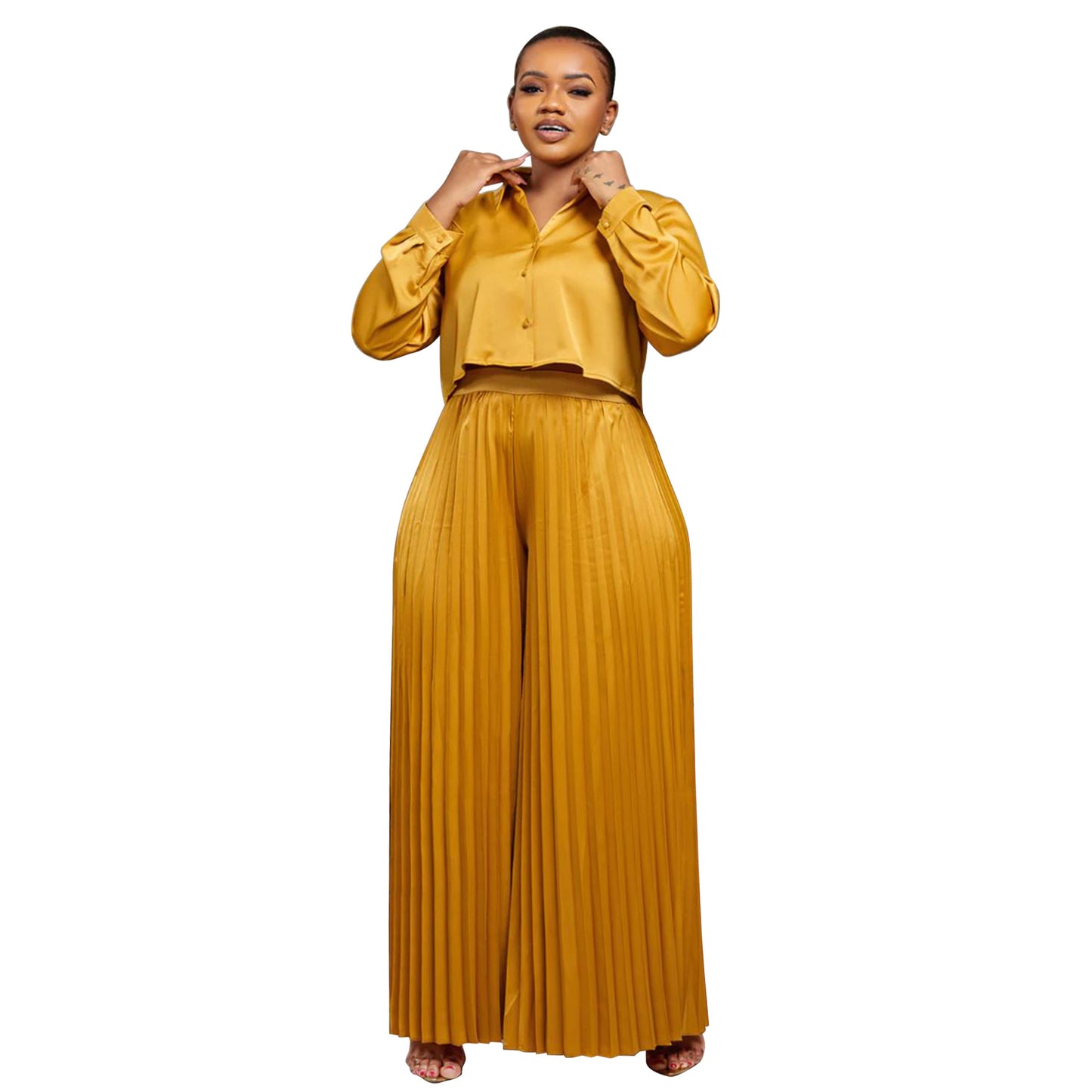 LADIES PLUS SIZE TWO PIECE SHIRT & WIDE LEG PANTS GOLD / DARK PINK / BLACK (SIZE XL - 5XL)