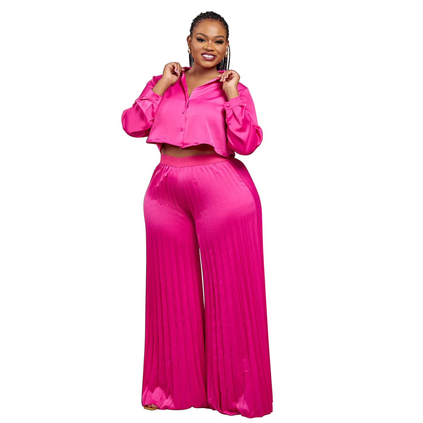 LADIES PLUS SIZE TWO PIECE SHIRT & WIDE LEG PANTS GOLD / DARK PINK / BLACK (SIZE XL - 5XL)