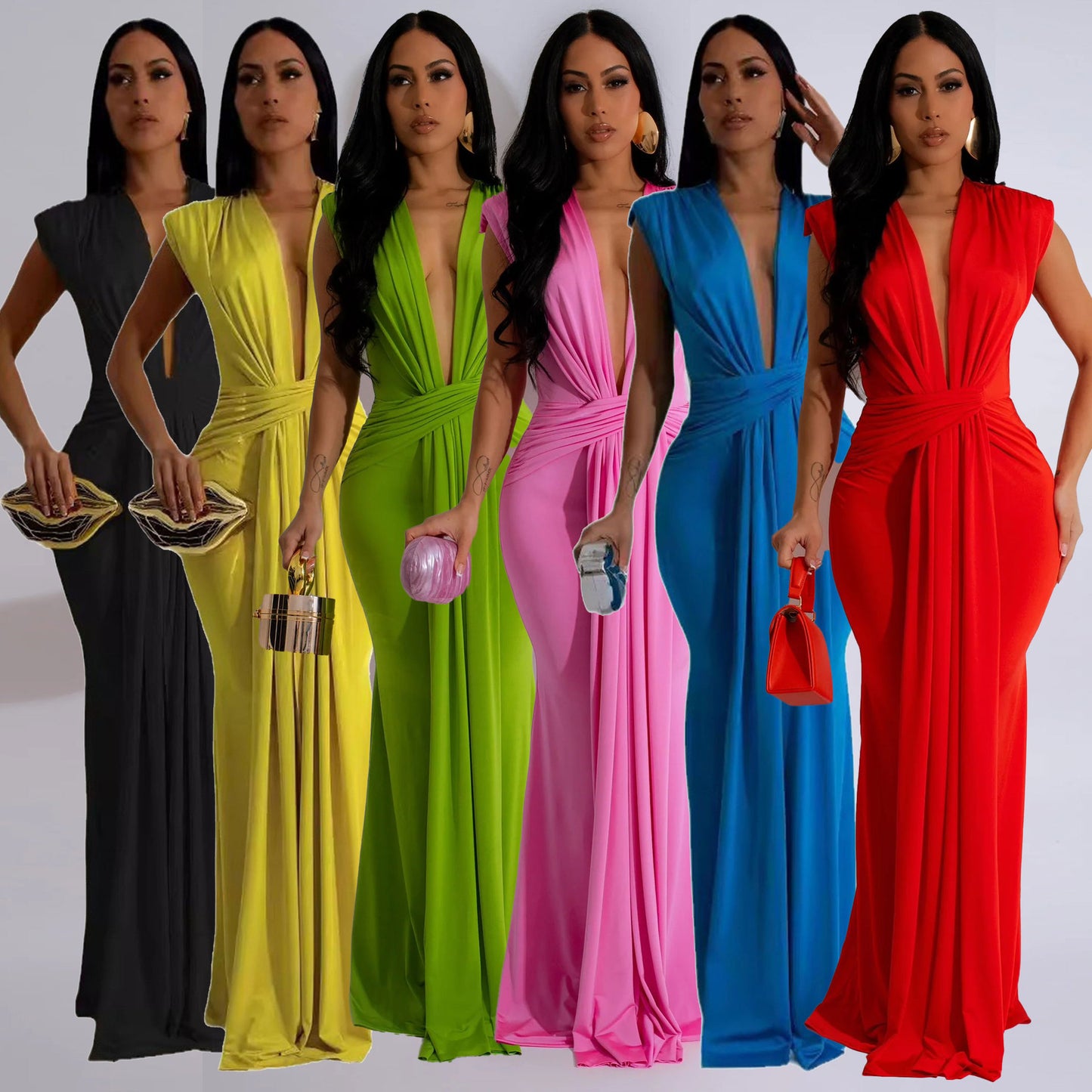 LADIES SLEEVELESS LONG DRESS BLACK / BLUE / YELLOW / PINK / RED / GREEN (SIZE S - 2XL)