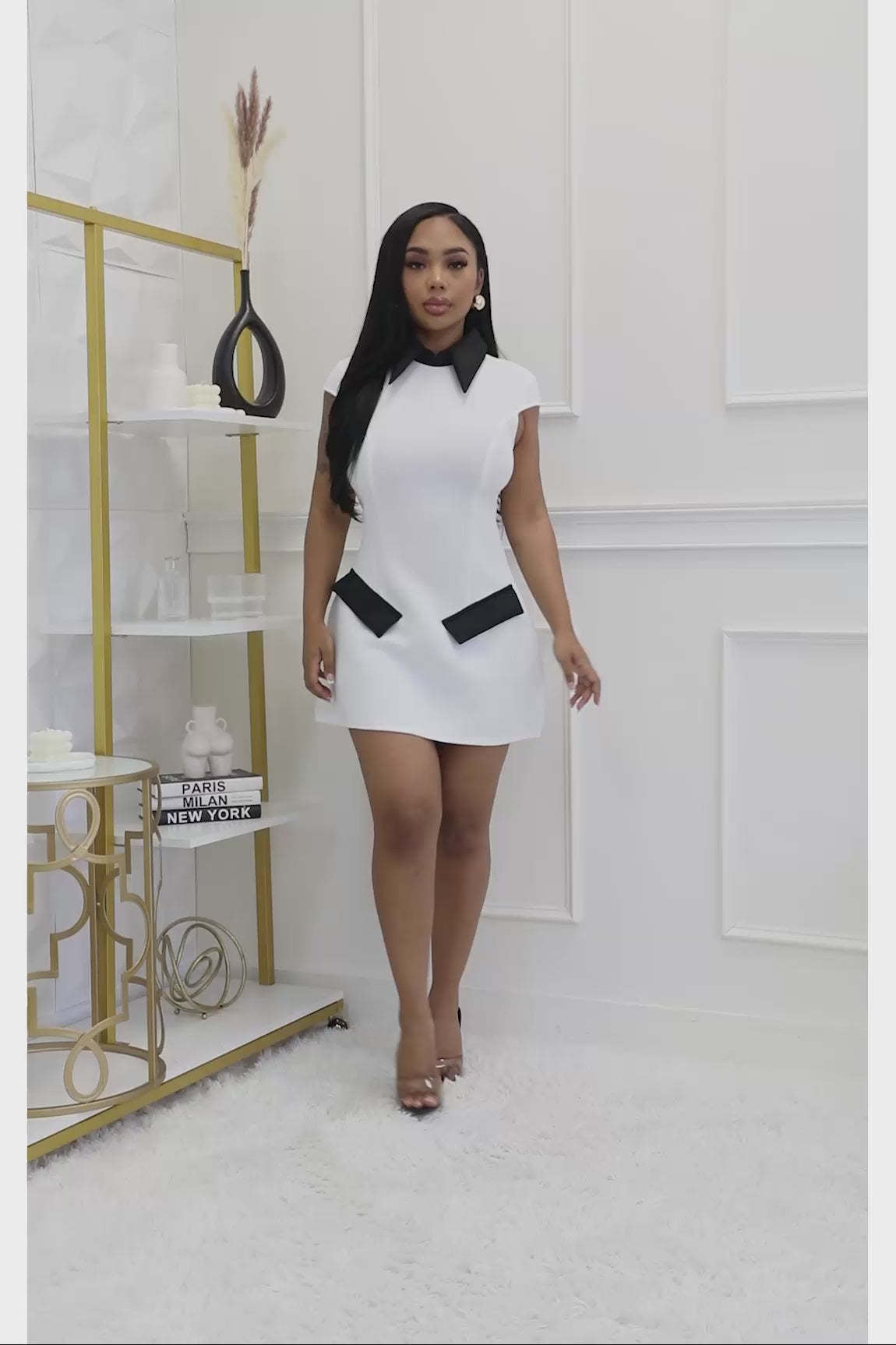 LADIES SHORT SLEEVE MINI DRESS BLACK / WHITE (SIZE S - 2XL)