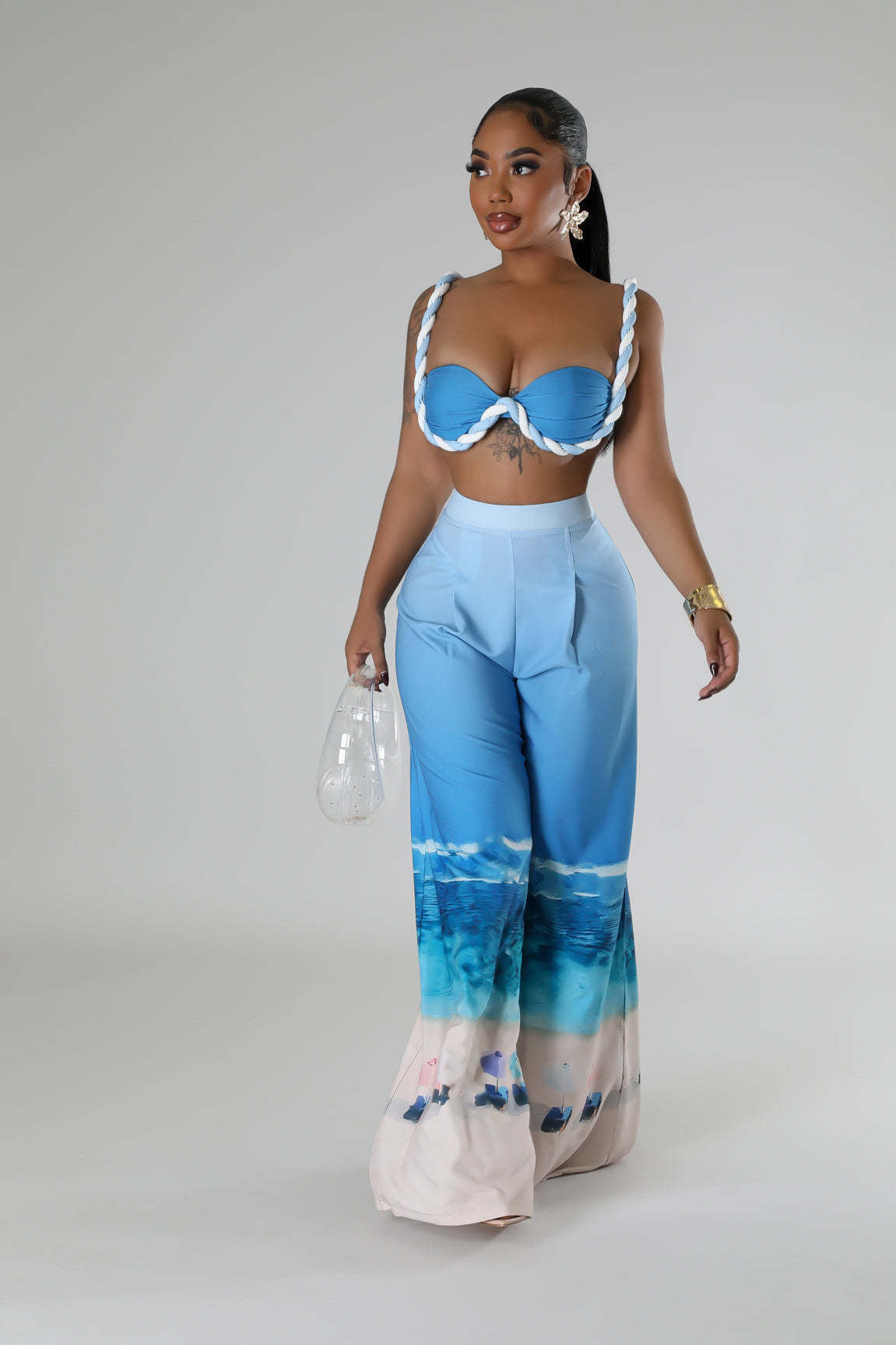 LADIES TWO PIECE NIGHTCLUB PANTS SET BLUE (SIZE S - 2XL)