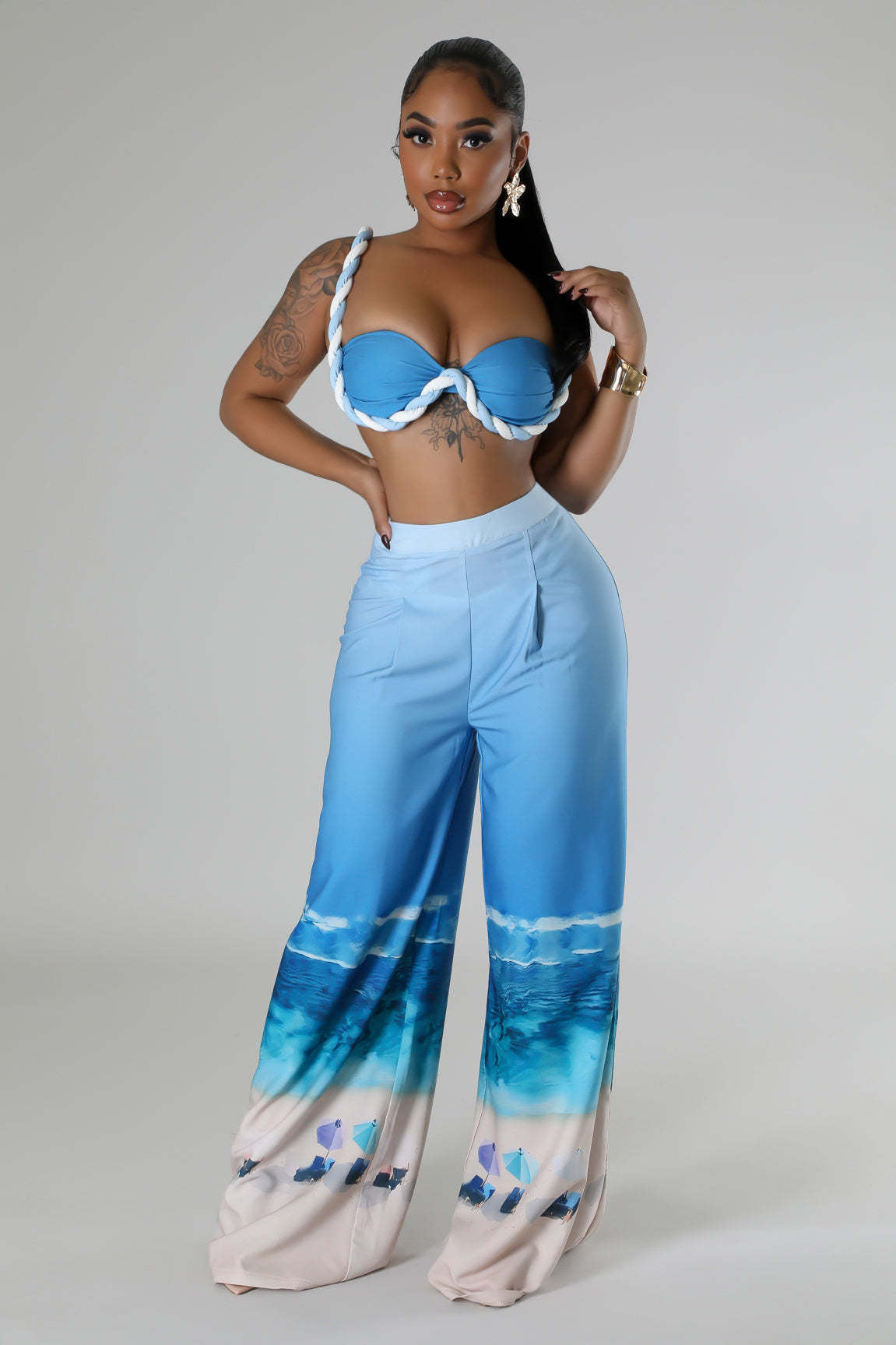 LADIES TWO PIECE NIGHTCLUB PANTS SET BLUE (SIZE S - 2XL)
