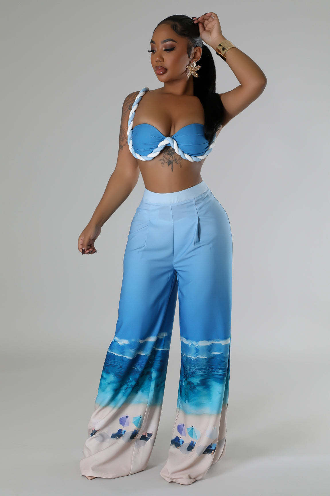 LADIES TWO PIECE NIGHTCLUB PANTS SET BLUE (SIZE S - 2XL)