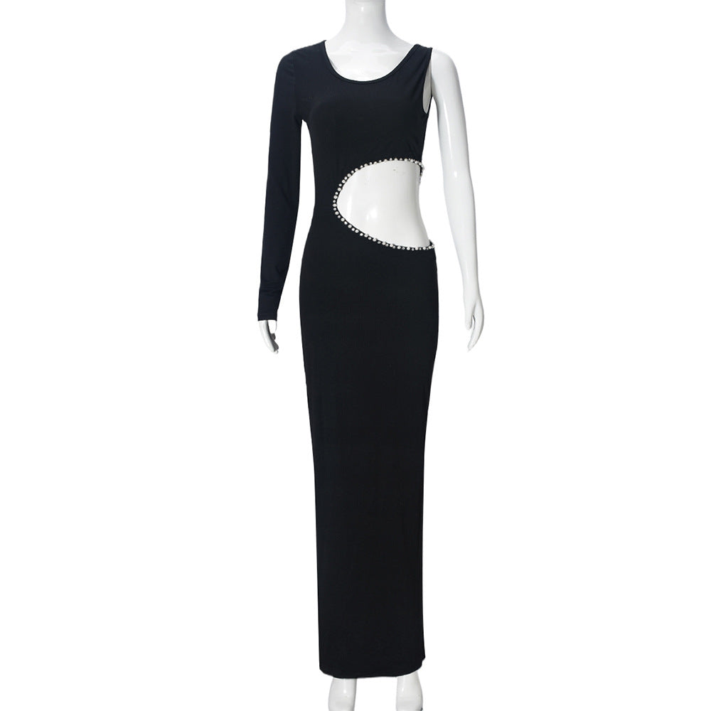 LADIES ONE SLEEVE CUT-OUT DRESS BLACK (SIZE S - L)
