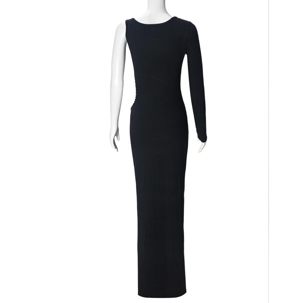 LADIES ONE SLEEVE CUT-OUT DRESS BLACK (SIZE S - L)