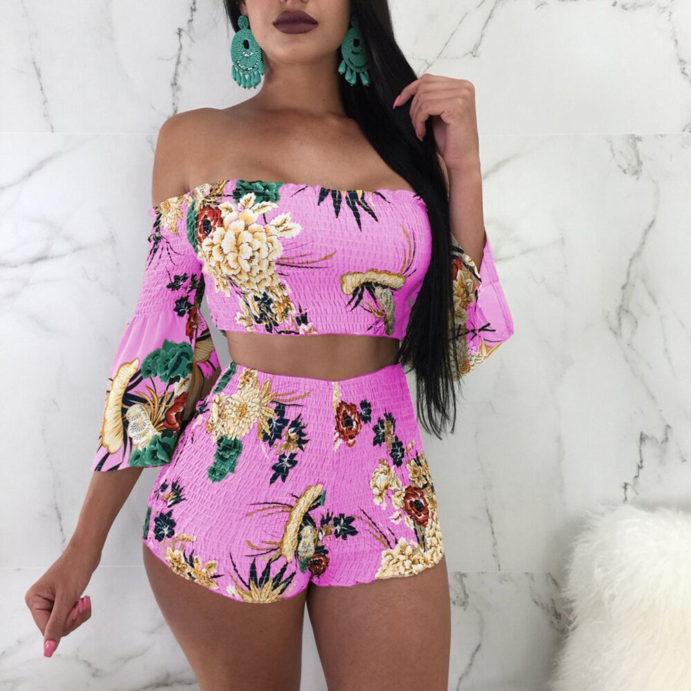 LADIES TWO PIECE OFF THE SHOULDER TOP & SHORTS SET PINK / BLUE / KHAKI / GREEN (SIZE S - 3XL)
