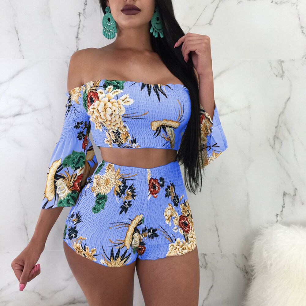 LADIES TWO PIECE OFF THE SHOULDER TOP & SHORTS SET PINK / BLUE / KHAKI / GREEN (SIZE S - 3XL)
