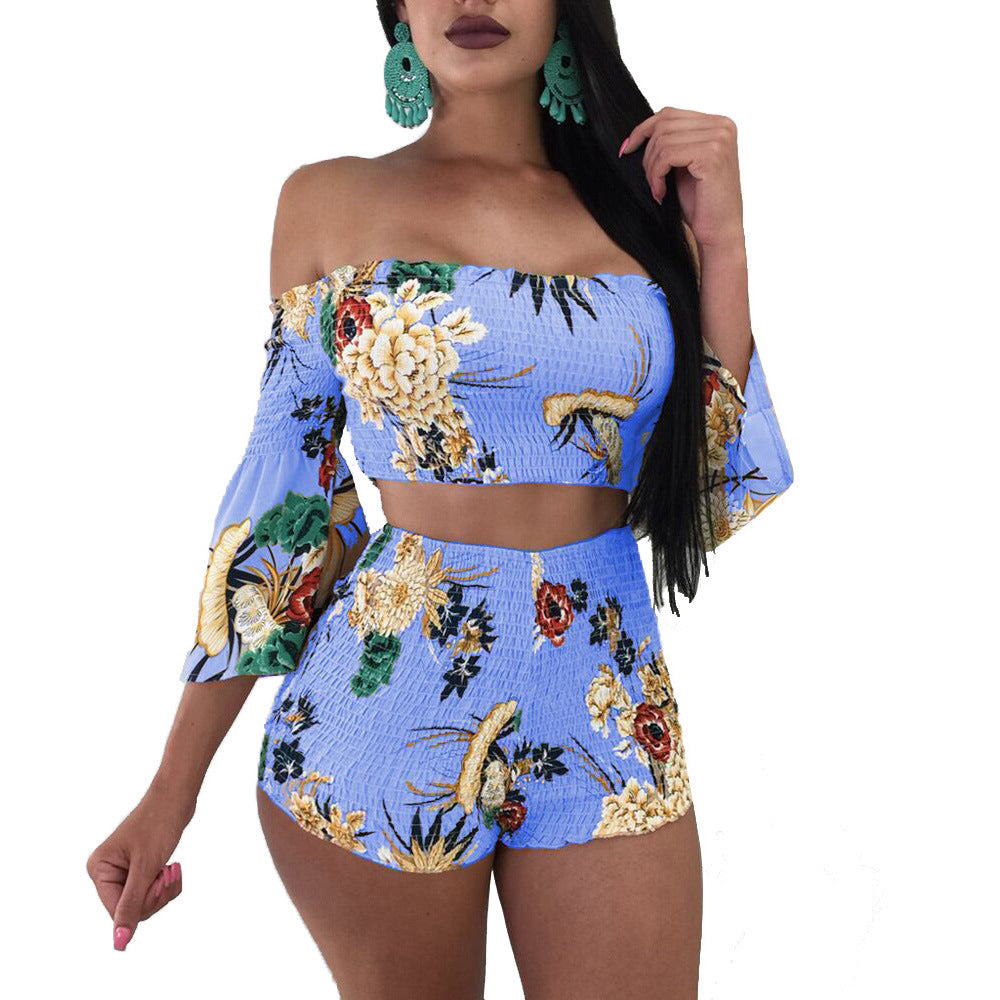 LADIES TWO PIECE OFF THE SHOULDER TOP & SHORTS SET PINK / BLUE / KHAKI / GREEN (SIZE S - 3XL)