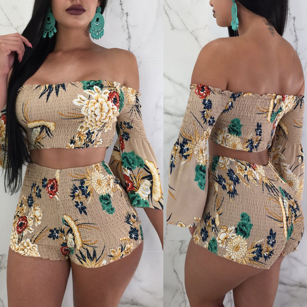 LADIES TWO PIECE OFF THE SHOULDER TOP & SHORTS SET PINK / BLUE / KHAKI / GREEN (SIZE S - 3XL)