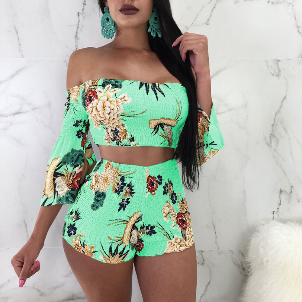 LADIES TWO PIECE OFF THE SHOULDER TOP & SHORTS SET PINK / BLUE / KHAKI / GREEN (SIZE S - 3XL)