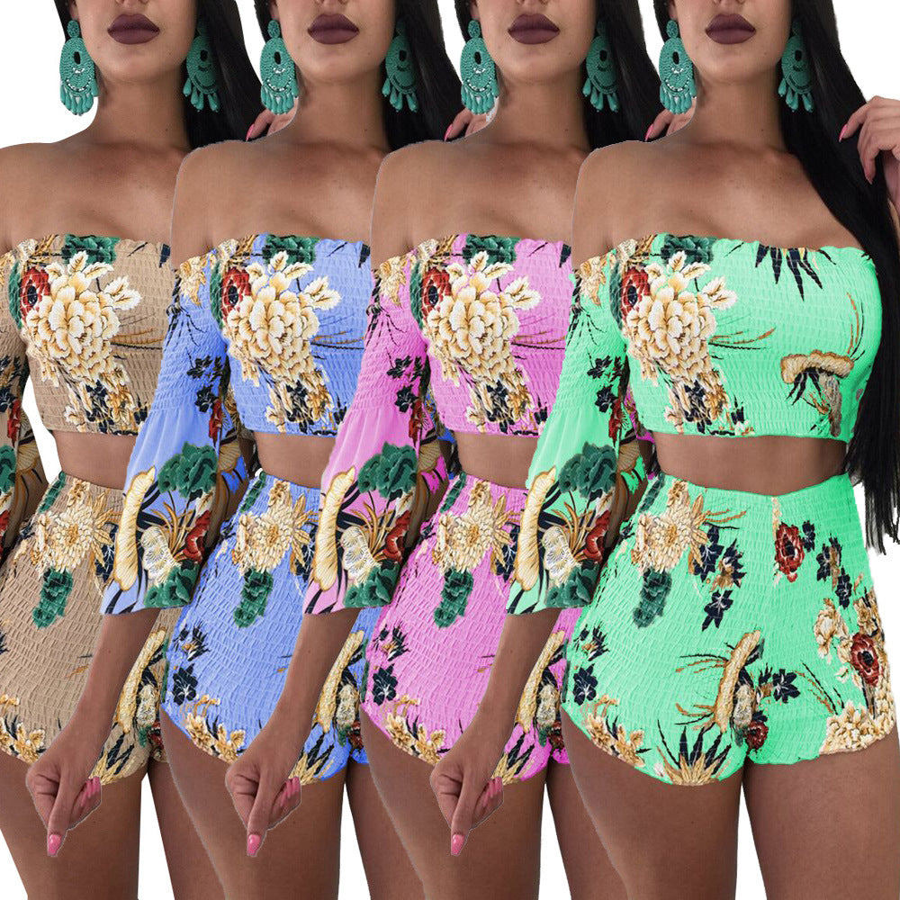 LADIES TWO PIECE OFF THE SHOULDER TOP & SHORTS SET PINK / BLUE / KHAKI / GREEN (SIZE S - 3XL)