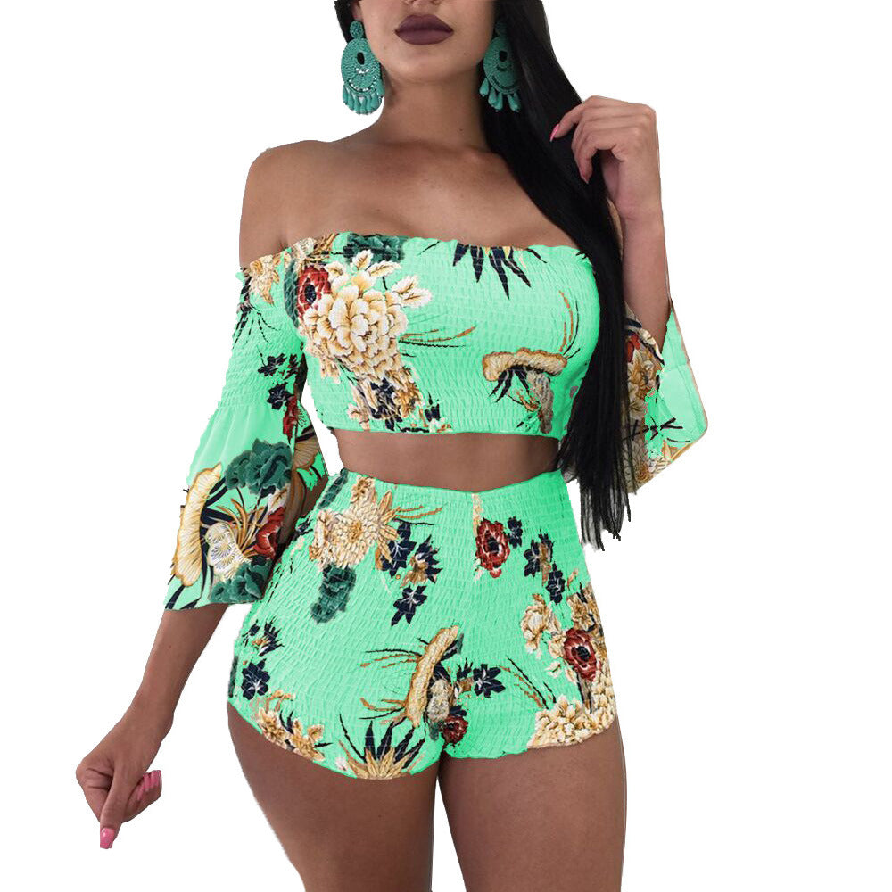 LADIES TWO PIECE OFF THE SHOULDER TOP & SHORTS SET PINK / BLUE / KHAKI / GREEN (SIZE S - 3XL)
