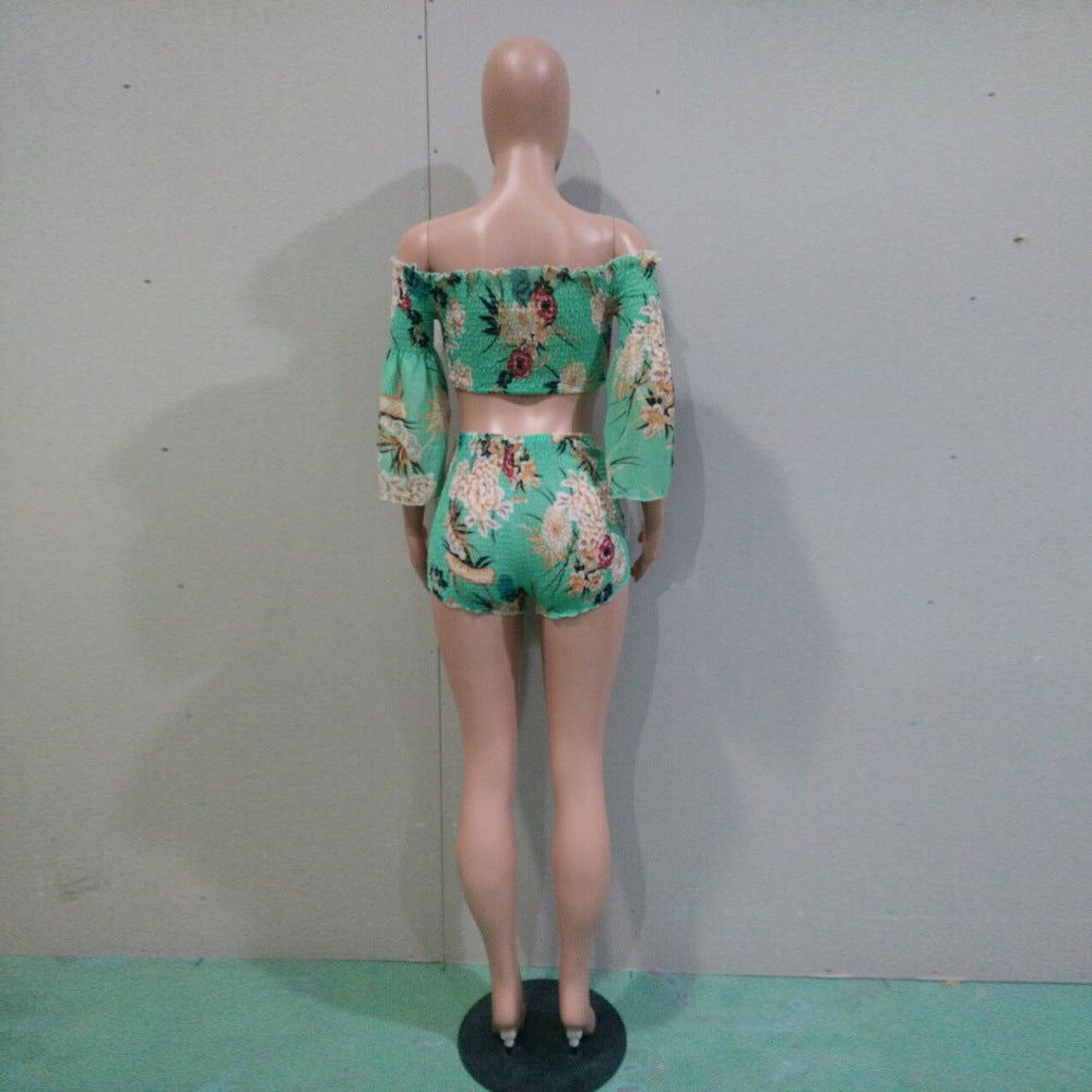 LADIES TWO PIECE OFF THE SHOULDER TOP & SHORTS SET PINK / BLUE / KHAKI / GREEN (SIZE S - 3XL)