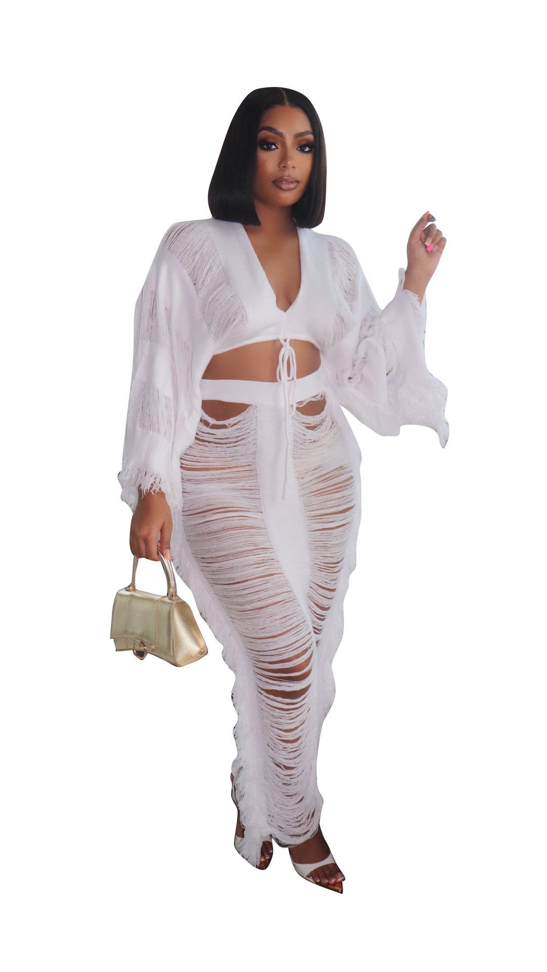 LADIES TWO PIECE LONG SLEEVE TOP & SKIRT SET WHITE / APRICOT-BEIGE (SIZE S - 2XL)