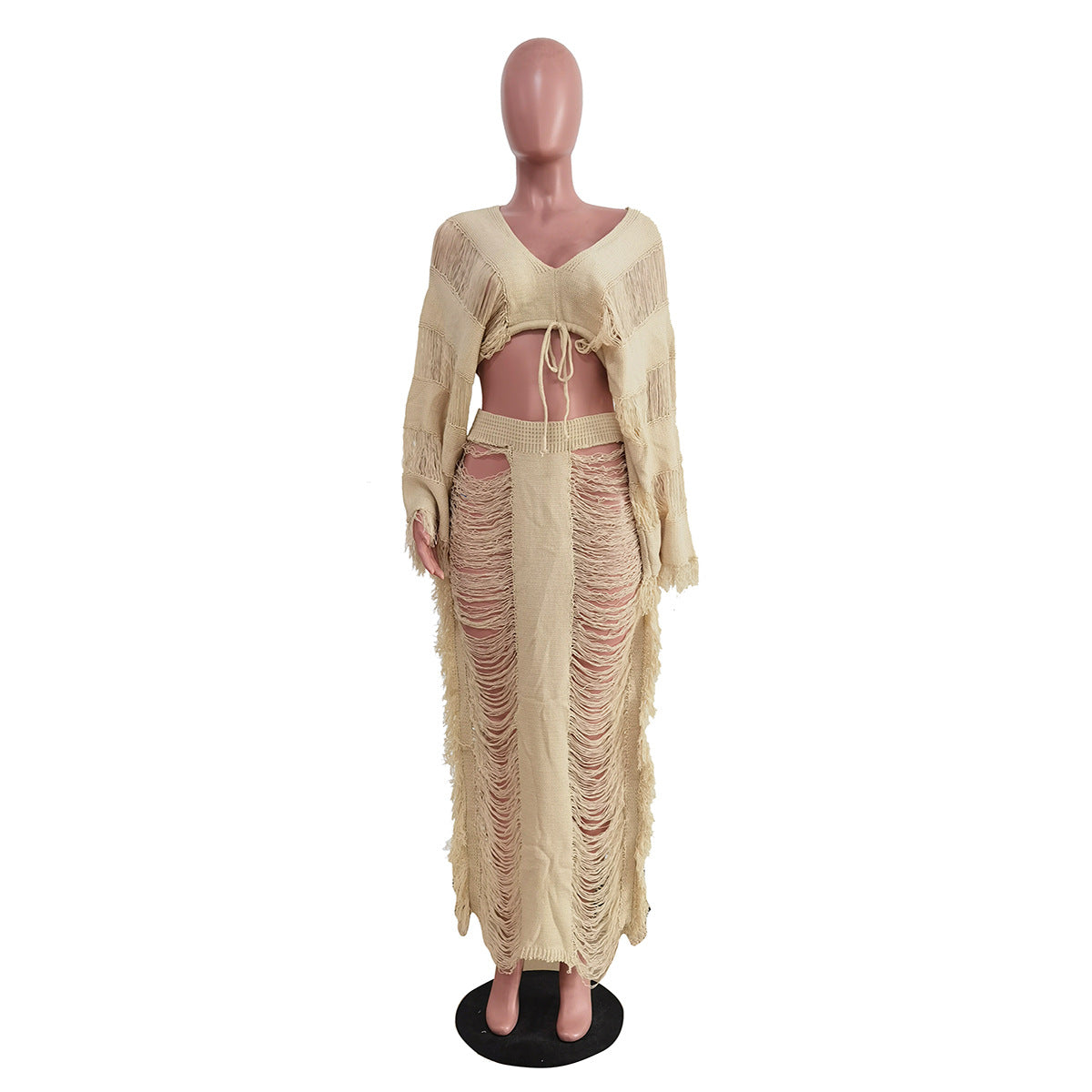 LADIES TWO PIECE LONG SLEEVE TOP & SKIRT SET WHITE / APRICOT-BEIGE (SIZE S - 2XL)