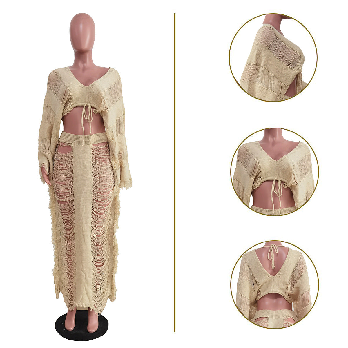 LADIES TWO PIECE LONG SLEEVE TOP & SKIRT SET WHITE / APRICOT-BEIGE (SIZE S - 2XL)