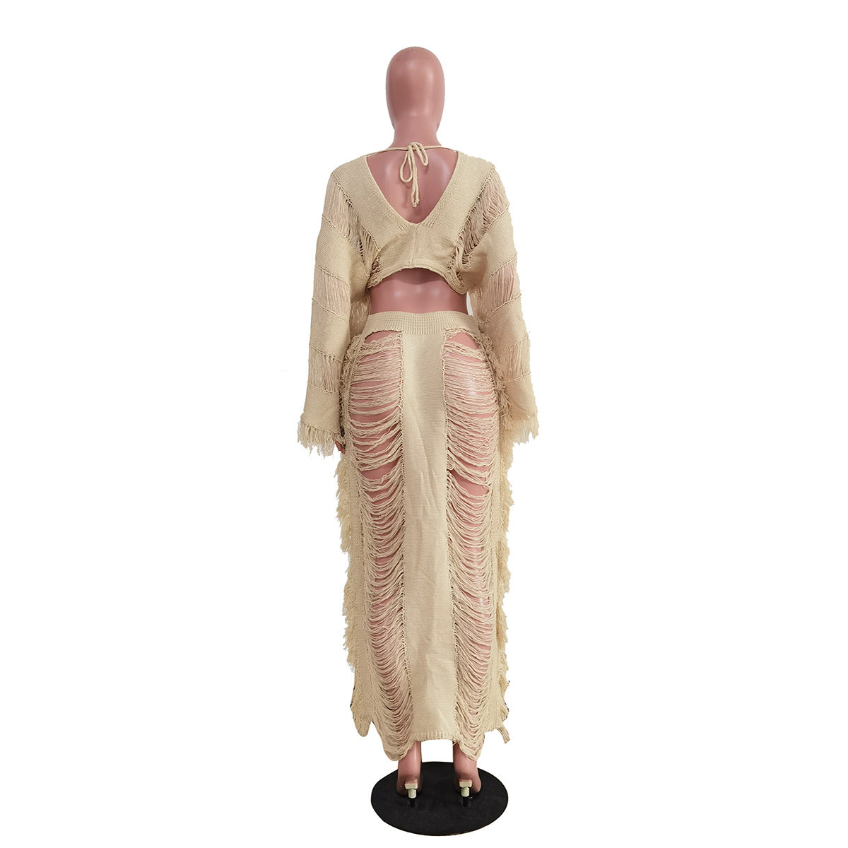 LADIES TWO PIECE LONG SLEEVE TOP & SKIRT SET WHITE / APRICOT-BEIGE (SIZE S - 2XL)