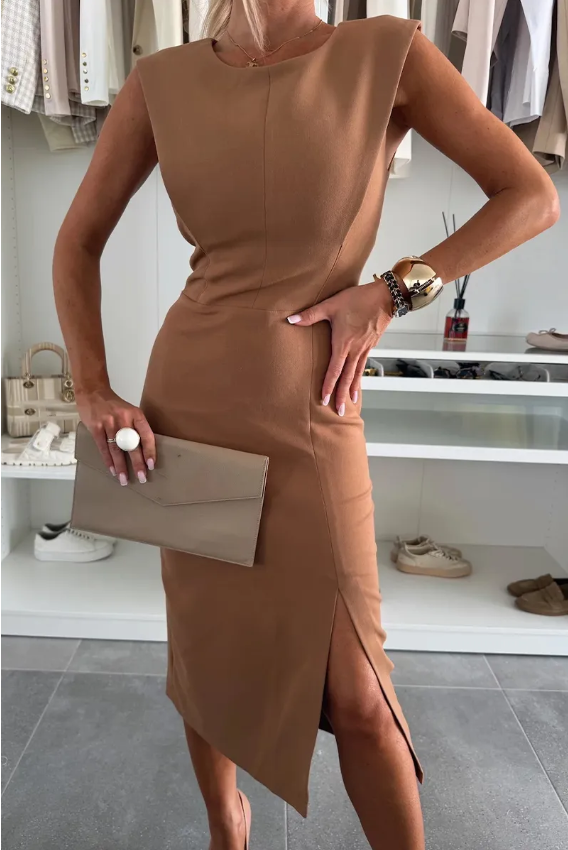 LADIES SLEEVELESS DRESS WITH SLIT WHITE / BROWN (SIZE XS - 3XL)