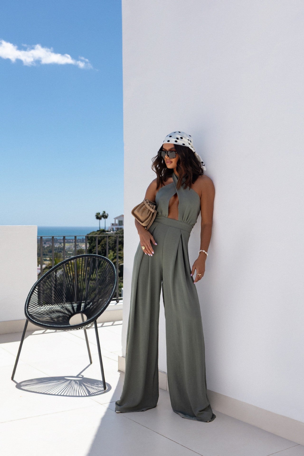 LADIES HALTERNECK JUMPSUIT OLIVE GREEN / PURPLE (SIZE S - 2XL)