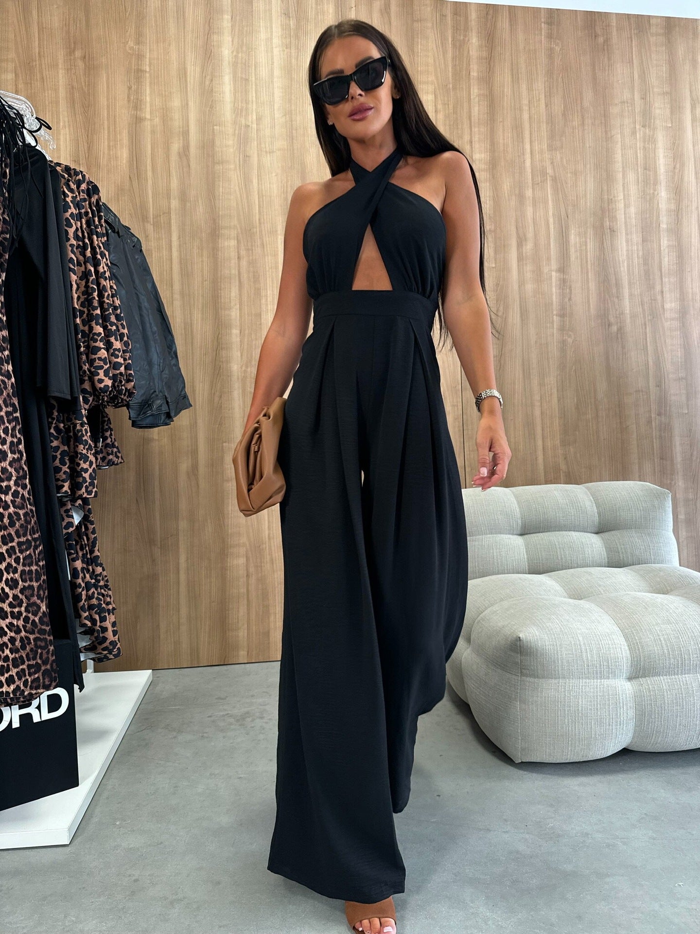 LADIES HALTERNECK JUMPSUIT RED / BLACK (SIZE S - 2XL)
