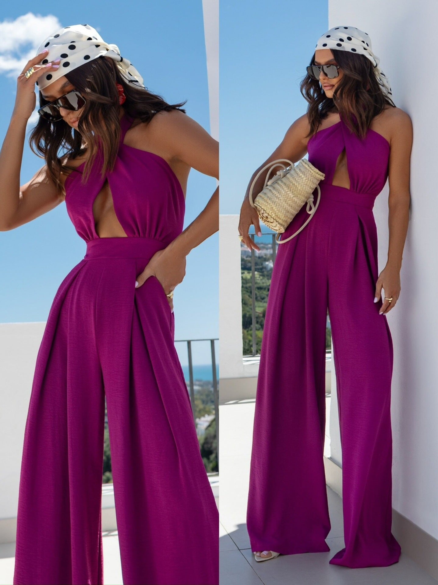 LADIES HALTERNECK JUMPSUIT OLIVE GREEN / PURPLE (SIZE S - 2XL)