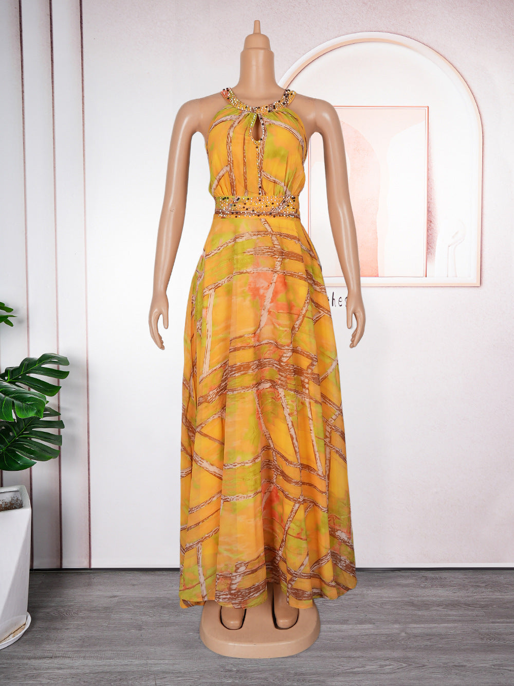 LADIES PLUS SIZE HALTERNECK LONG DRESS YELLOW / BLUE / RED (SIZE L - 3XL)