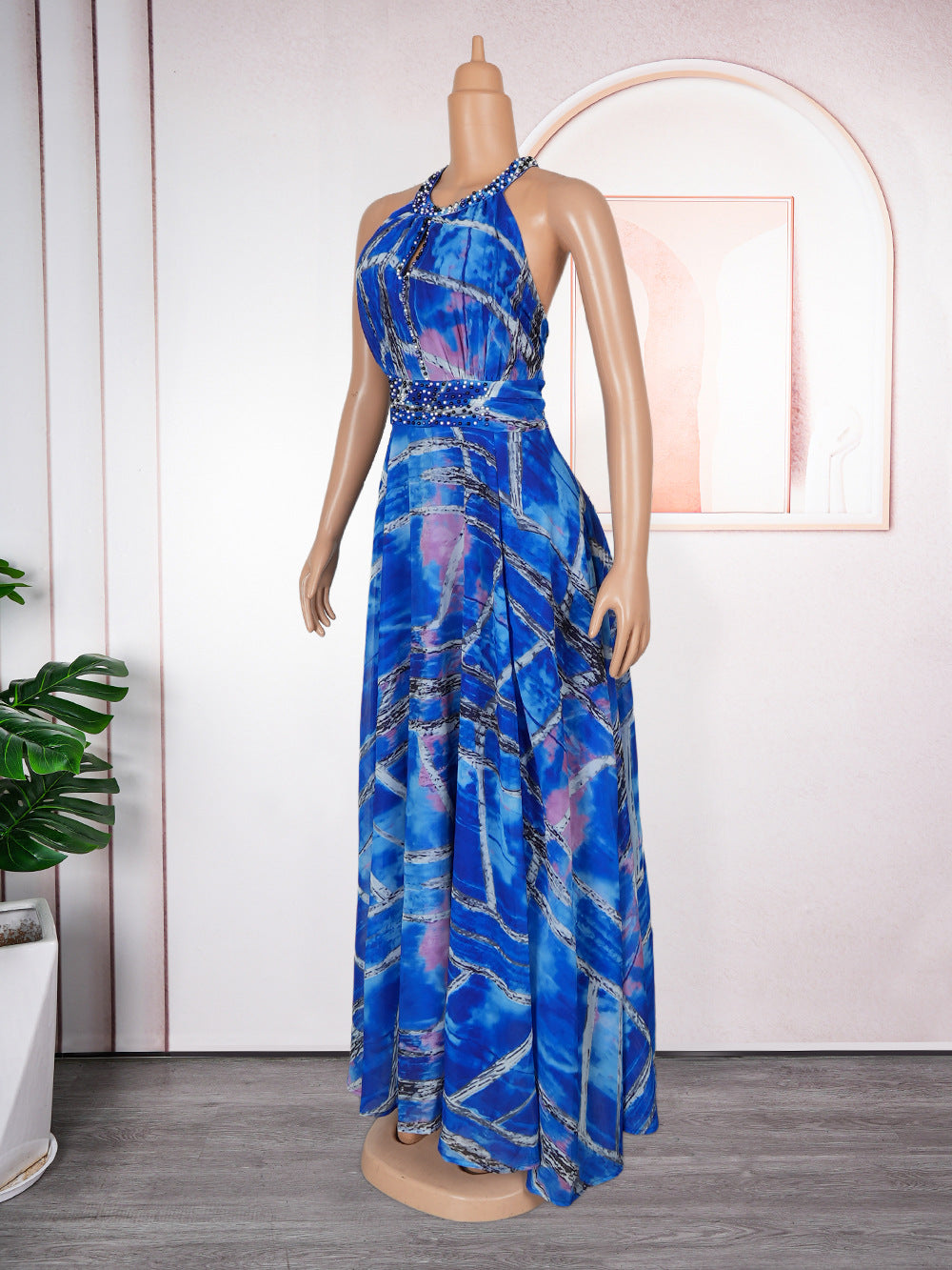 LADIES PLUS SIZE HALTERNECK LONG DRESS YELLOW / BLUE / RED (SIZE L - 3XL)