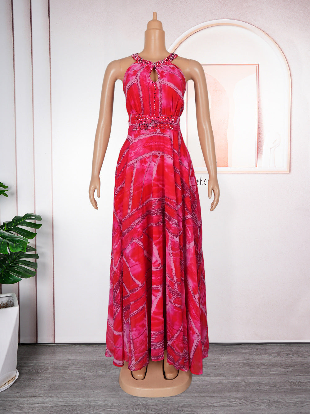 LADIES PLUS SIZE HALTERNECK LONG DRESS YELLOW / BLUE / RED (SIZE L - 3XL)