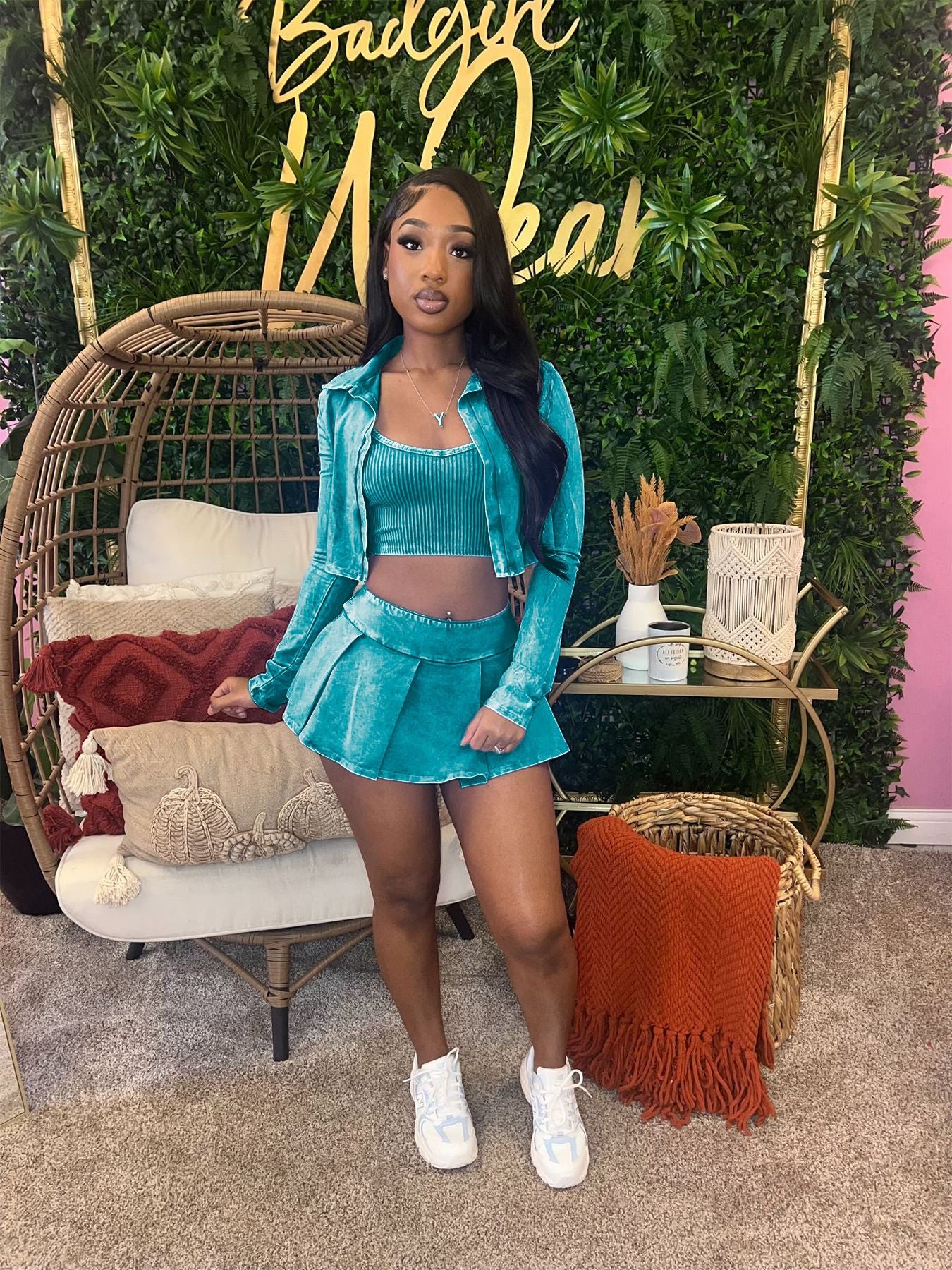 LADIES THREE PIECE SKIRT SET BLACK / PINK / TURQUOISE BLUE / BROWN (SIZE S - 2XL)