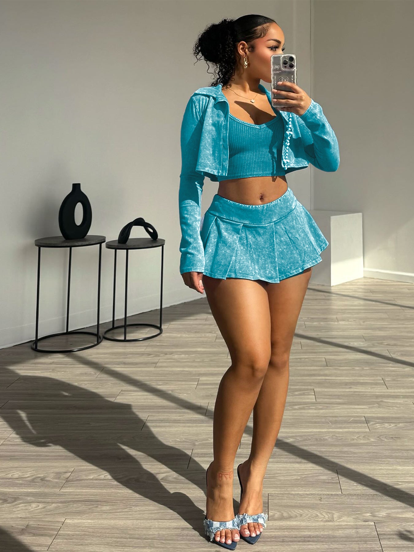 LADIES THREE PIECE SKIRT SET BLACK / PINK / TURQUOISE BLUE / BROWN (SIZE S - 2XL)