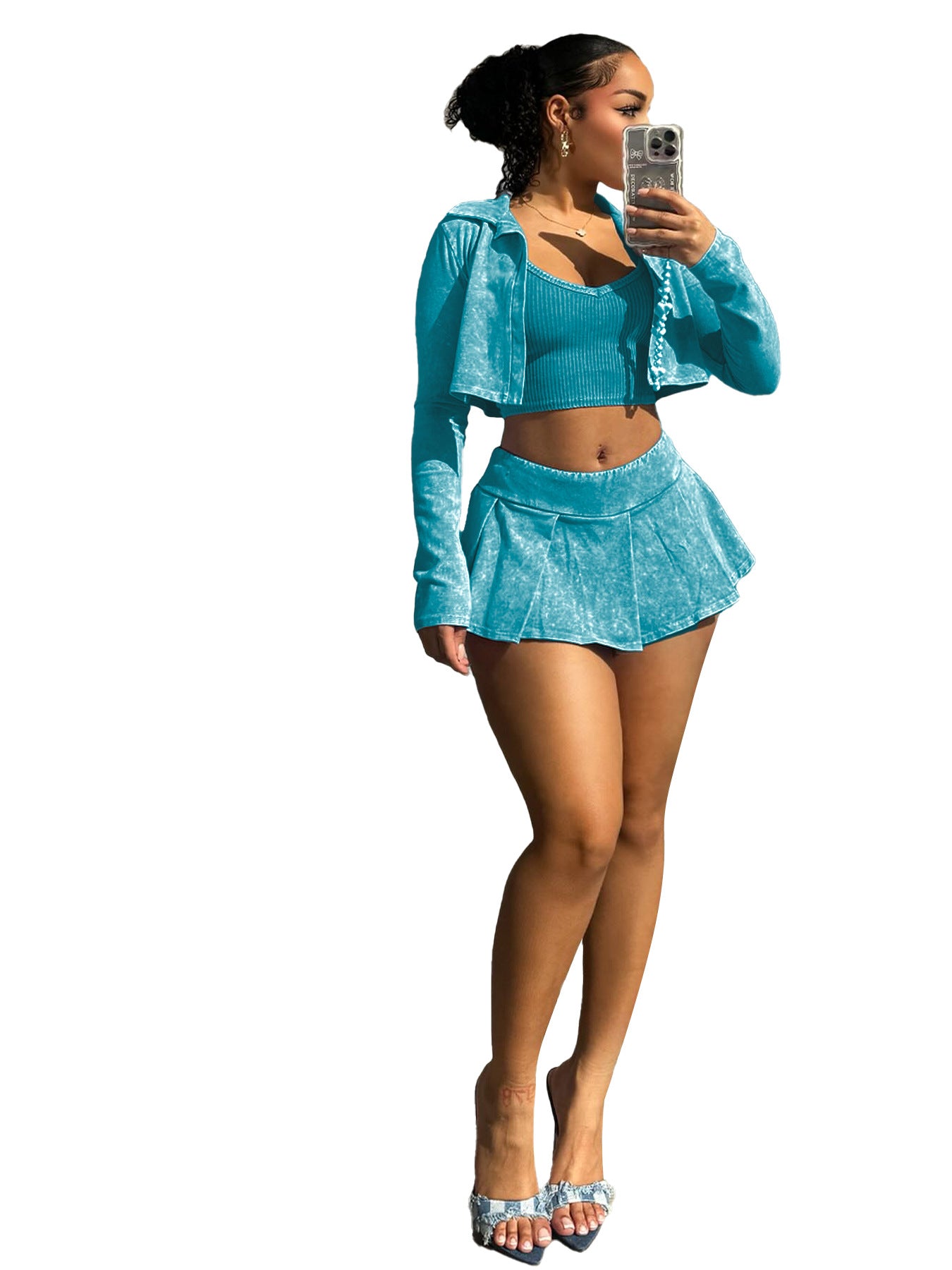 LADIES THREE PIECE SKIRT SET BLACK / PINK / TURQUOISE BLUE / BROWN (SIZE S - 2XL)